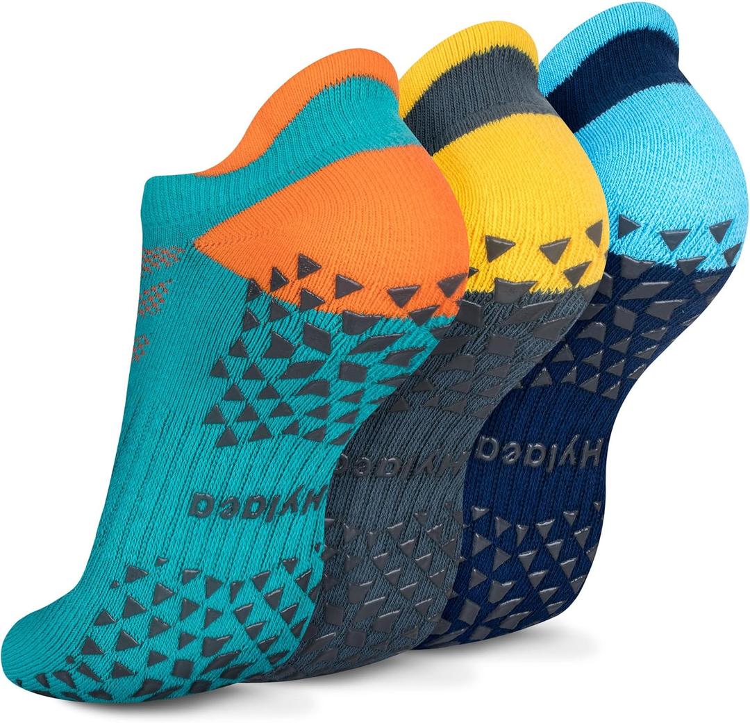Hylaea Unisex Non Slip Socks with Grip for Yoga, Hospital, Pilates, Barre | Ankle, Cushioned (Small-Medium, 3 Pairs Dark Blue Green)