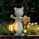 Solar Cat Statue Outdoor Decor-9.4" Welcome Garden with Sculpture Solar Lantern Flowers,Weatherproof Resin Art for Patio, Lawn,Yard Outside, for Women,Grandma,Adults,Kids,Cat Lovers
