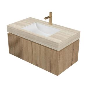 36" Bathroom Vanity with Sink, Wall-Mounted Plywood Bathroom Storage Cabinet with Ceramic Basin & Sintered Stone Countertop, Modern Pre-Assembled Floating Vanity with Drawer & Door, Oak