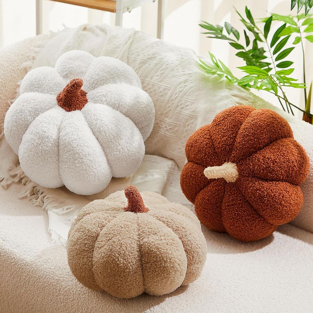 Juexica 3 Pcs Stuffed Pumpkin Pillow Fluffy Plush 3D Pumpkin Shaped Decoration Fall Thanksgiving Halloween Pillow Cushion Cute Soft Throw for Sofa Couch Supplies (White,Beige,Brown)