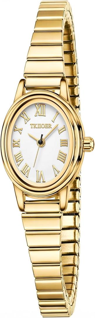 TKIIOER Small Gold Watches for Women, Easy to Read Dial Ladies Analog Watch, Oval Case, Stainless Steel Expansion Band, Waterproof Watch