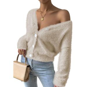 Pink Queen Women's Furry Cropped Cardigan Batwing Sleeves Open Front V-Neck Button Down Loose Casual Knit Sweater Coat (Medium)