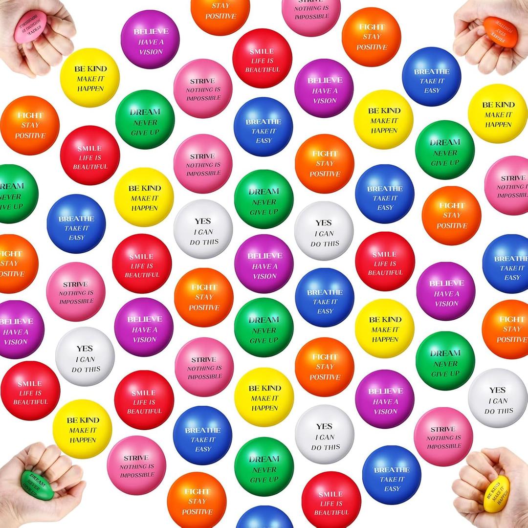 Blulu 60 Pcs Motivational Stress Balls Bulk for Adults 1.57 Inch Inspirational Colorful Foam Anxiety Relief Foam Stress Balls for Encouraging Kids Adult Girls Boys Employee Gifts