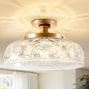 Semi Flush Mount Ceiling Light, 12 Inch Large Gold Ceiling Light Fixture, 3-Light Globe Glass Farmhouse Kitchen Lighting Fixtures for Bathroom, Hallway, Dining Room (Bulb Not Included)