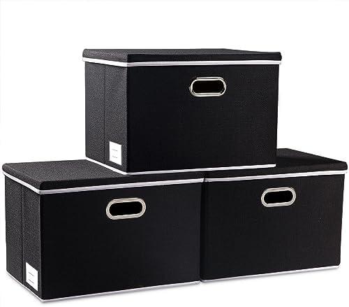 PRANDOM Large Foldable Storage Boxes with Lids [3-Pack] Fabric Collapsible Storage Bins Organizer Containers Baskets Cube with Cover for Home Bedroom Closet Office Nursery Black(17.7x11.8x11.8)