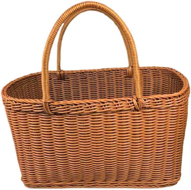 Plastic Woven Shopping Basket with Handles  Lightweight Grocery Basket for Farmers Market, Picnic, Foraging | Stylish Wicker Tote for Groceries, Flowers, Outdoor Storage (Medium)