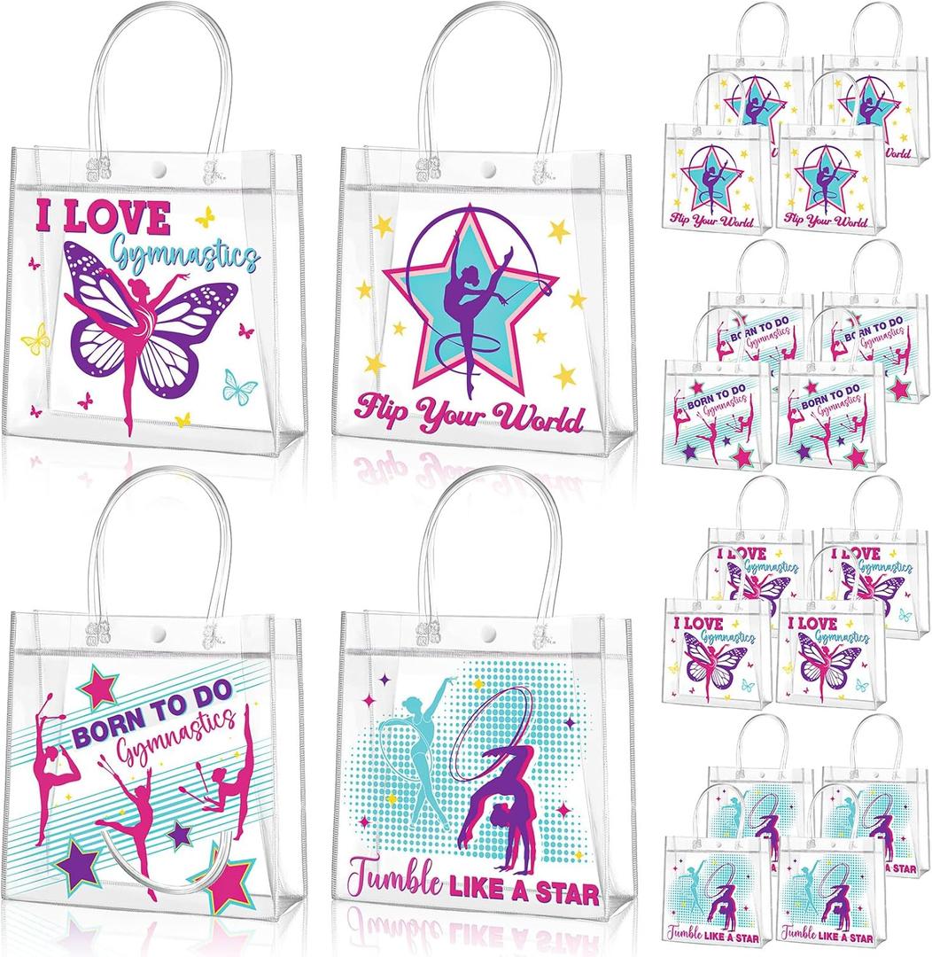 Aliceset 20 Pcs Gymnastics Clear Favor Bags With Handles Gymnastics Birthday Party Decorations Gymnast Gifts Bags for Team Coach Goodie Snack Candy, 8x8x3.15 inches