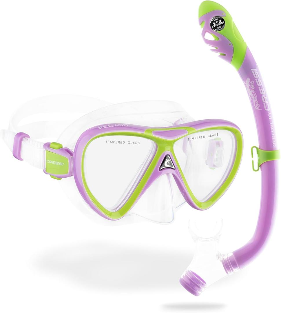 Cressi Snorkeling Silicone Set (mask & Dry Snorkel) for Kids Aged 5 to 15 Year Old - Ocean Junior: Designed in Italy (Lilac/Green)