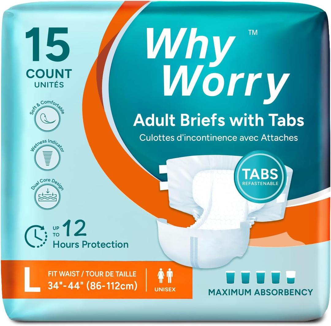 WhyWorry Adult Diapers with Tabs, Disposable Incontinence Briefs for Women & Men with Maximum Absorbency, Adult Briefs for Incontinence Overnight, Odor Control, Unisex, Large, 15 Count