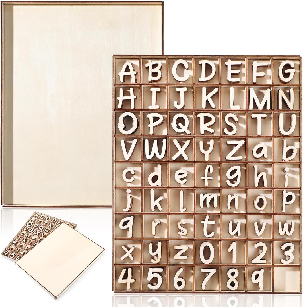 Geelin 248 Pcs 1 Inch Wooden Letters and Wooden Numbers with Rustic Storage Tray Blank Unfinished Wood Alphabet Letters for Crafts DIY Spelling Learning Education (School Chalk)