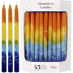 Dripless Hanukkah Candles Deluxe Sunburst Tri Colored Hand Decorated Hanukkah Candles 45 Count for All 8 Nights of Hanukkah 1-Hour Burn Time