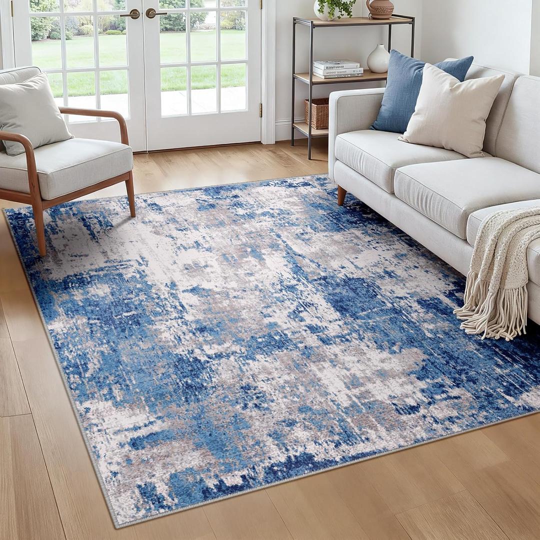 RELEANY Washable Area Rugs Square 6ft Non-Slip Modern Abstract Soft for Living Room Entryway Bedroom Nursery, Print Pattern, Blue Grey Navy Gray