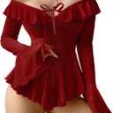 Foxiny Sexy Rave Ruffle Bell Long Sleeve Off Shoulder Mesh Sheer Babydoll Lingerie Set Dress with Thong 2 Piece (Red, M)