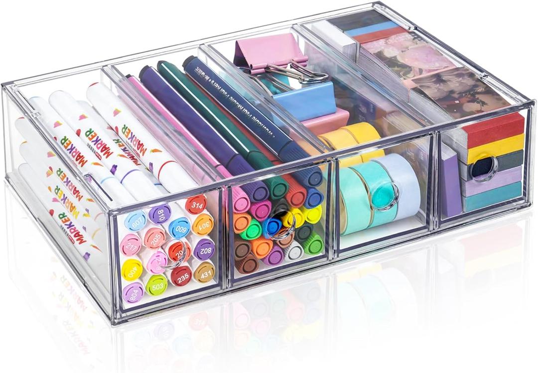 Desk Organizer with 4 Drawers, FODIENS Stackable Desktop Storage Box with Removable Drawer, Clear Sunglasses Organizer Display Case for Stationery Marker Pens Eyeglasses Office Supply