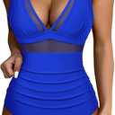 SUUKSESS Women Sexy Mesh Tummy Control Swimsuit Push Up High Waisted Bathing Suit (Blue, L)