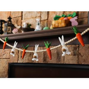 DoubleFill 6.56Ft Happy Easter Banner Cute Garland Large Rabbits Bunny with Carrot Wooden Beads Rustic Felt Easter Banner Decoration for Mantle Fireplace Tree Window Spring Decor Tiered Tray