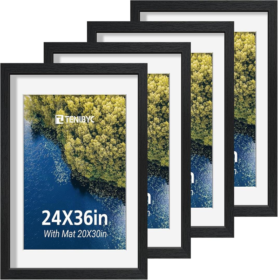24x36 Picture Frame Set - 4 Pack, Black Wood Photo Frames - Displays Photos 20x30 with Mat or 24 x 36 without - Room, Office, Gallery, Studio, and Hallway Decor - Wall Hanging