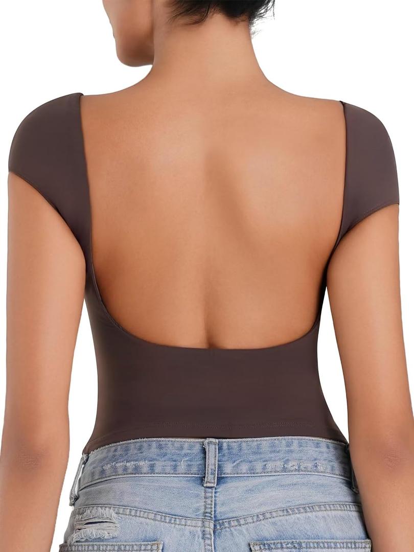 Sunzel Open Back Tops for Women Sexy Going Out Top Double Lined Backless Shirt Y2K Crop Basic Tee Shirts for Casual Workout (Brown, L)