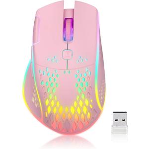 VEGCOO Wireless Gaming Mouse, C30 Silent Click Wireless Rechargeable Gaming Mouse with Double-Click Key and Colorful LED Lights, 3 Level Adjustable DPI for Gaming and Working (Pink)