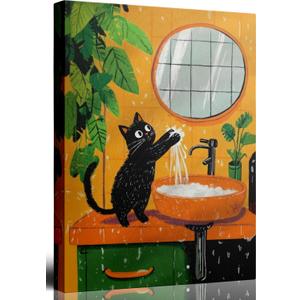 Funny Black Cat Bathroom Canvas Wall Art - Framed Cat Playing with Water Sink Artwork for Bathroom Decor, 12x16 Inch