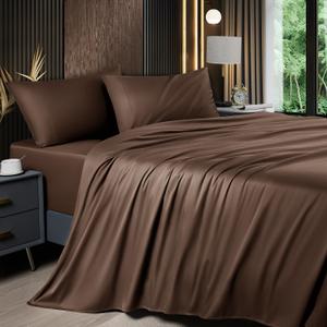 Shilucheng 4 Piece King Sheet Sets, Cooling Sheets, Blend Rayon Derived from Bamboo, Deep Pocket Up to 16", Breathable & Soft Bed Sheets, Hotel Silky Bedding Set, Brown