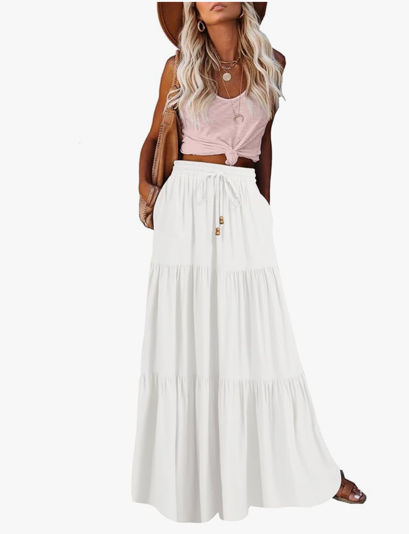 HAEOF Women's Summer Boho Maxi Skirt A-Line Flowy Ruffle Tiered Elastic High Waist Beach Long Skirts with Pockets, Size L