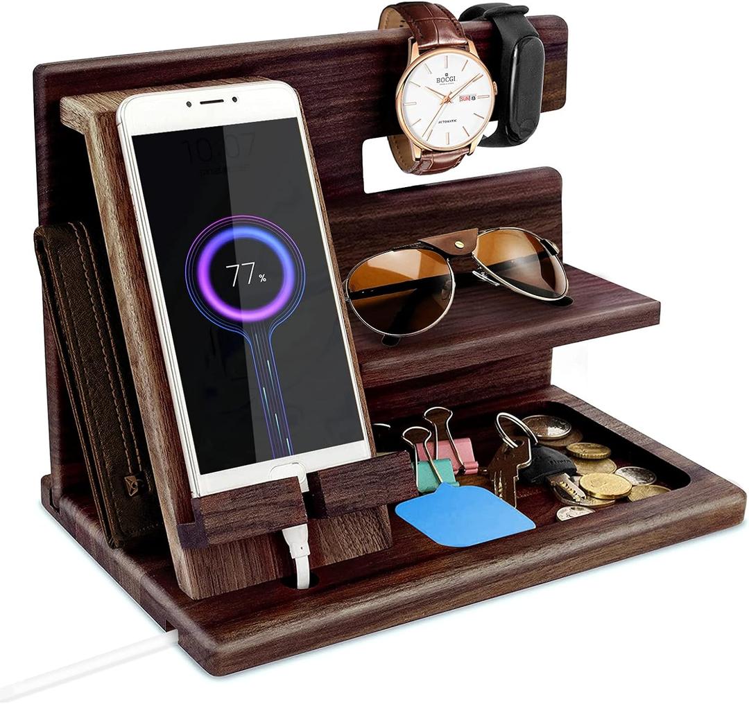 Gifts for Men Bedside Organiser Wood Phone Docking Station Dad Birthday Gifts for Him Nightstand Key Wallet Watch Stand Mens Gifts for Xmas Presents for Dad Husband Boyfriend Anniversary & Christmas (Nut Brown)