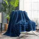 Cozy Bliss Faux Fur Throw Blanket for Couch, Cozy Warm Plush Striped Blanket for Sofa Bedroom Living Room, 50 * 60 Inches Navy Blue