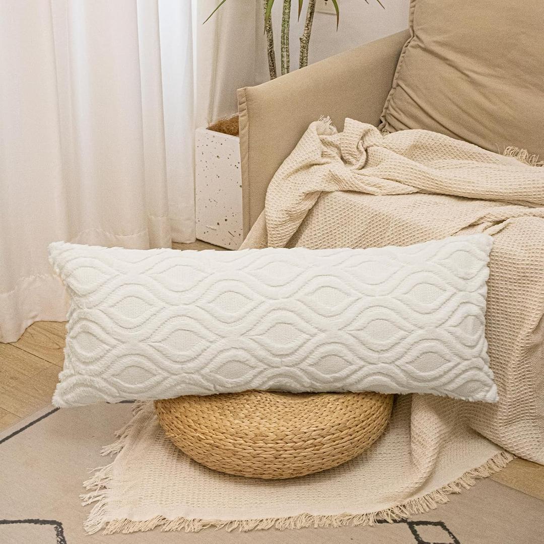 Boho Long Pillow Covers 14 x 36 inch Plush Faux Wool, Cream Beige Throw Pillow Cover Luxurious Soft Couch Cover Case Home Decor for Sofa Bed Living Room, ONLY 1 Cover