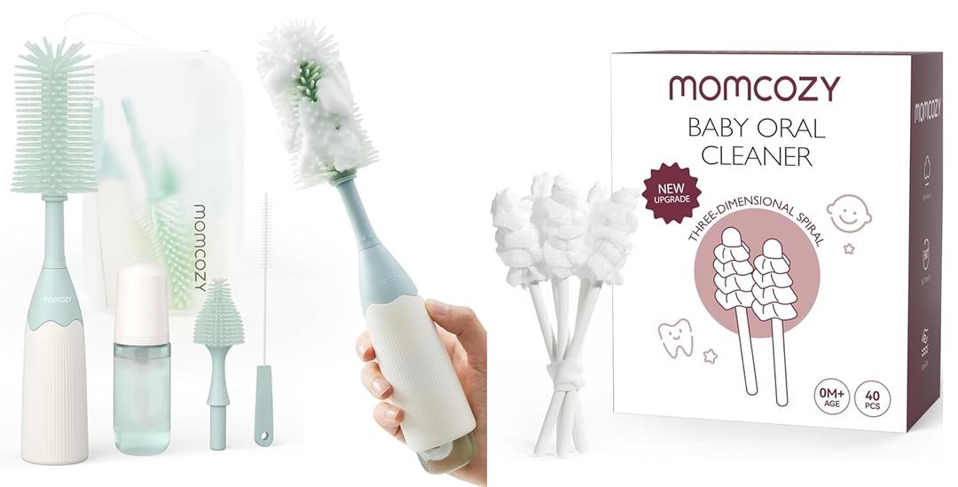 Momcozy Bottle Brush Kit, Innovative Push-Press Design for Better Cleaning & Momcozy Baby Tongue Cleaner Gauze