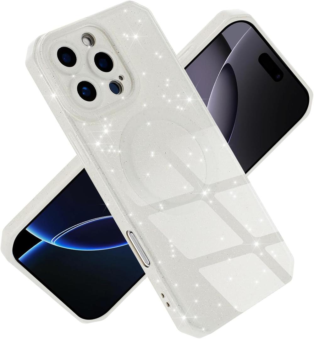 Magnetic Case for iPhone 16 Pro Max 6.9", White Glitter Luxury Slim Shine Edge Silicone Shockproof Phone Case for Women Girls (Magsafe Compatible) (White)