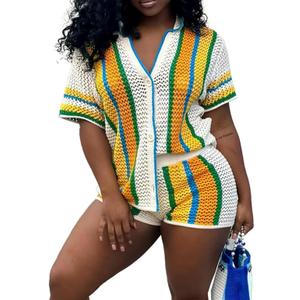 Summer 2 Piece Short Sets For Women Crochet Short Sleeve Shirt and Shorts Matching Set Vacation X-Large