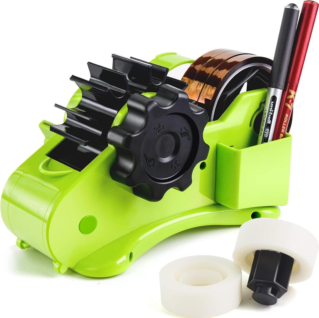 Green Packaging Tape Dispenser with Compartment Slot and 1"& 3" Dual-roll cores,semi-Automatic Desk 3/4" Heat Tape Dispenser & Cut, Designed for Office,School and Warehouse.