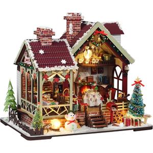 DIY Christmas Miniature House Kit Mini Wooden Dollhouse Kits for Adults Xmas Eve Snowflakes Building with LED Light, Diorama Model Birthday Gifts for Family/Friends