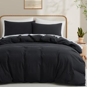 LOVQUE Bedding Duvet Cover Queen Size, 100% Washed Cotton Linen Like Natural Bedding Set with Zipper Closure (No Comforter), 90x90, Black