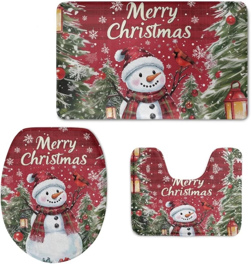 HUGS IDEA Merry Christmas Snowman Non Slip Toilet Seat Cover+ Bath Mat+ Lid Covers Home Decorative 3 Piece Bathroom Rug Sets