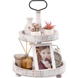 Farmhouse Two Tiered Wooden Tray Stand, UBTKEY 2 Tier Wood Round Decorative Tray with Metal Handle for Home Kitchen Seasonal Holiday Decorations, 17"x13" (Distressed White)