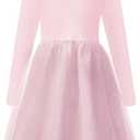 Little Bitty Girls Long Sleeve A-Line Tulle Princess Dress, Midi Length Casual Party Ribbed Knit Top Tulle Skirt Pink 10-11Y