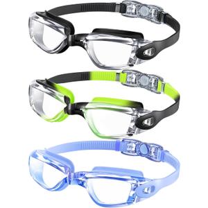 Kids Swim Goggles, Pack of 3 Swimming Goggles for Children Teens, Anti-Fog Anti-UV Youth Swim Glasses for Age 4-16 (Black/Dark Blue/Black Green)