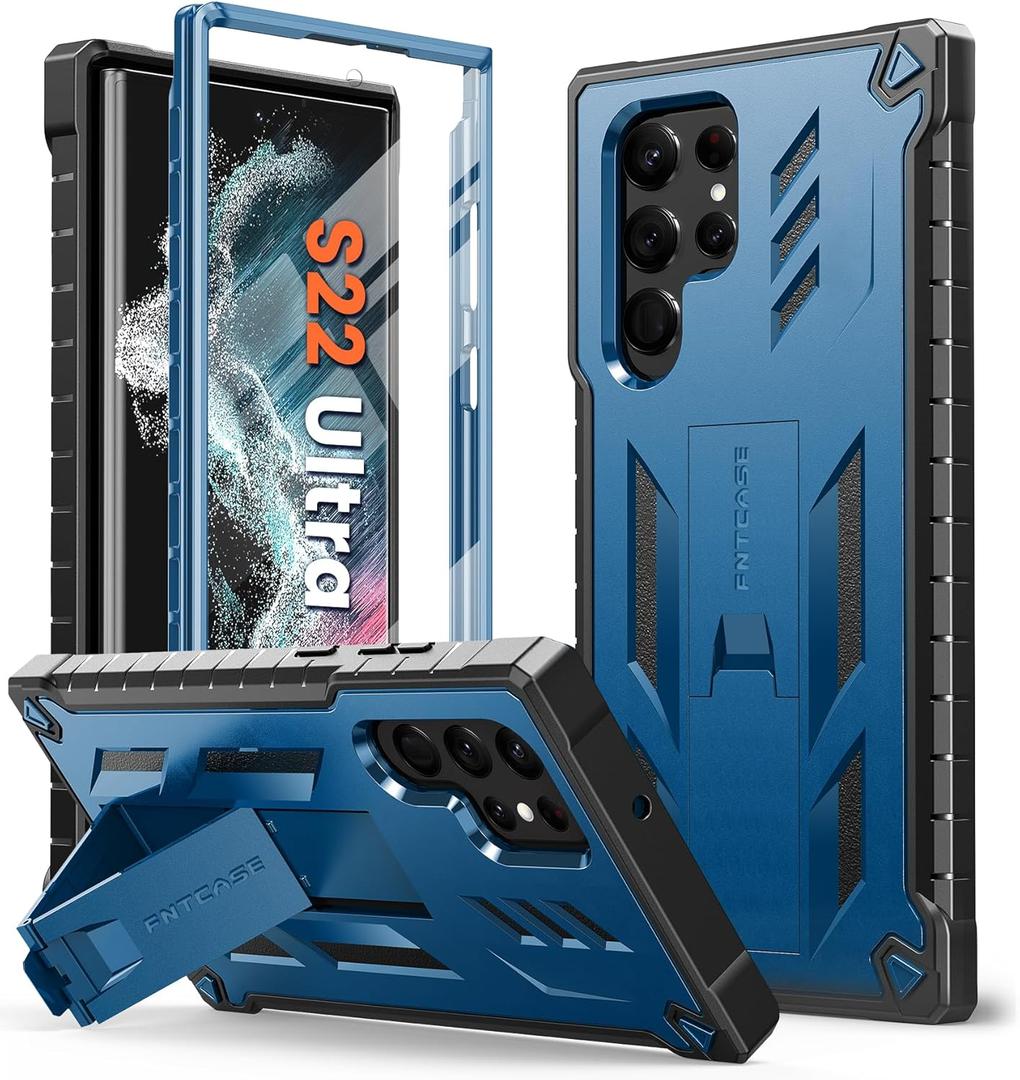 FNTCASE for Samsung Galaxy S22 Ultra Case: Built-in Screen Protector & Kickstand Full-Body Dual Layer Rugged Military Grade Shockproof Protection Heavy Duty Protective Phone Cover 5G-Blue