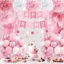 Pink Birthday Decorations with Pink Paper Pompoms Pearl White Balloons Banner Fringe Curtain for Birthday Decorations for Women