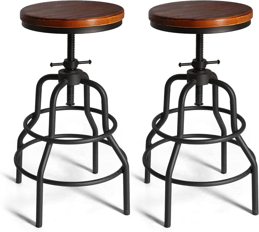 LOKKHAN Vintage Industrial Barstools - 13.8" Dia Round Wooden Brown Seat - Black Metal Base - Adjustable Height: 23.6"-29.5" / Minimalist Design/Raw Rustic Look/Rotating Top Bar Chairs, Set of 2, 13.78" Dia X 1.18" Thick, Height: 23.62"-29.52"