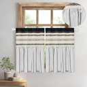 FRAMICS Farmhouse Linen Kitchen Curtains 36 Inch Length Black Striped Short Curtain for Windows Boho Crochet Small Window Curtains for Kitchen Rod Pocket Tier Curtain for Bathroom, Cafe, 2 Panels