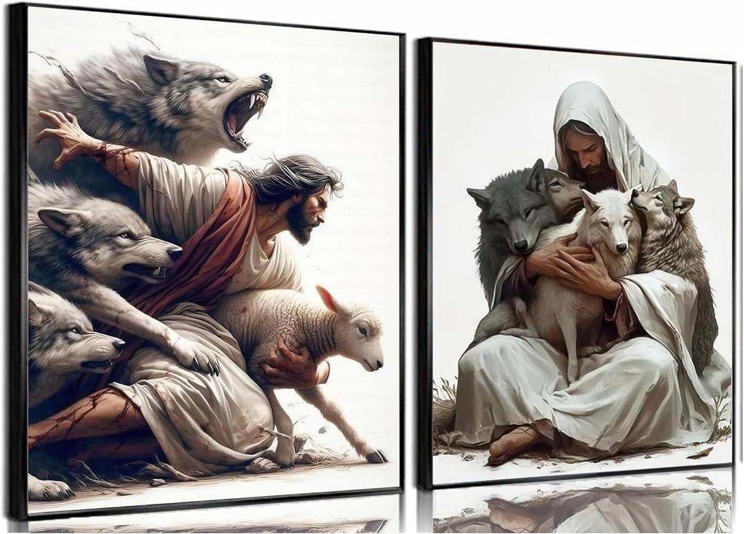 3 x HEIWPMGY Jesus Canvas Painting Jesus Saves The Lost Lambs Wall Art Christian Inspirational Savior God Gift Christian Poster Painting Prints Modern Home Decoration (12x16x2 Unframed)