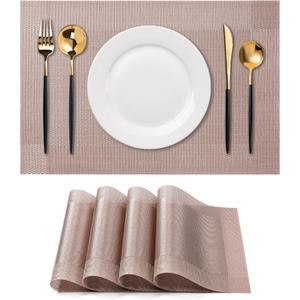 CADONO Placemats Set of 4 Washable Indoor/Outdoor Vinyl Place Mats for Dining Table Durable Non-Slip Heat Resistant PVC Weave Table MatsFour-Corner-Khaki