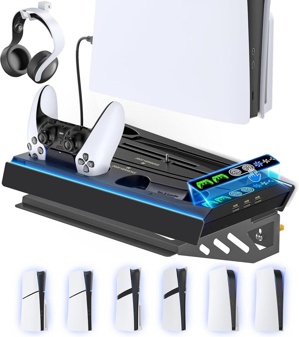 PS5 Wall Mount Kit with Charging Station for Edge & Dual Controller, 9 Light Modes PS5 Cooling Station with 3-Level Fan, PS5 Pro Stand Wall for PS5/Slim/Pro Disc&Digital, PS 5 Accessories Shelf Mount