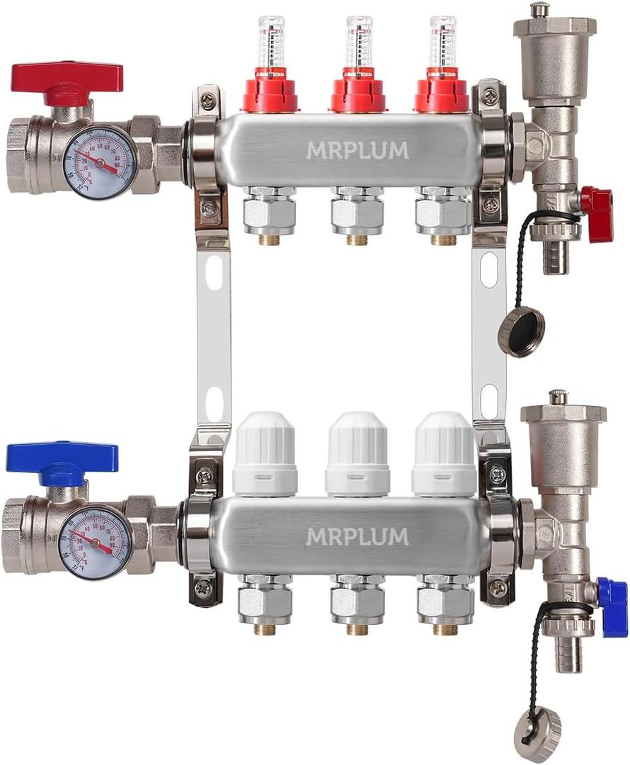 3-Branch Radiant Heat Manifold,Stainless Steel PEX Manifold with Compatible Outlets for Hydronic Radiant Floor Heating (1/2" Adapters included)