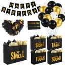 5 Senses Gift Bags For Him Her With Labels Tissue Paper and Handles, Comes With Birthday Decoration Rose Petals and Happy Birthday Banner Balloons for Valentine's Day (Black Gold, 12.6 x 8.7 x 4 inch)