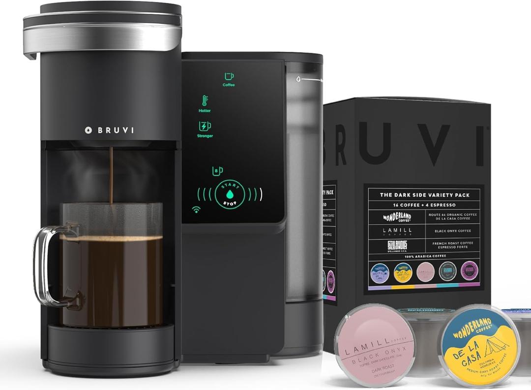 BRUVI Single-Serve Coffee Maker Bundle | Brews Coffee, Espresso, Cold Brew, Matcha Green Tea & More | Includes Brewer + 20 Dark Roast Pods | Touchscreen, WiFi, 70 oz Tank | Black