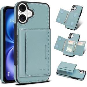 for iPhone 17 Wallet Case, 2-in-1 Detachable Phone Case, Card Holder RFID Blocking, Fashionable Faux Leather Card Slot & Folding Design (Blue)